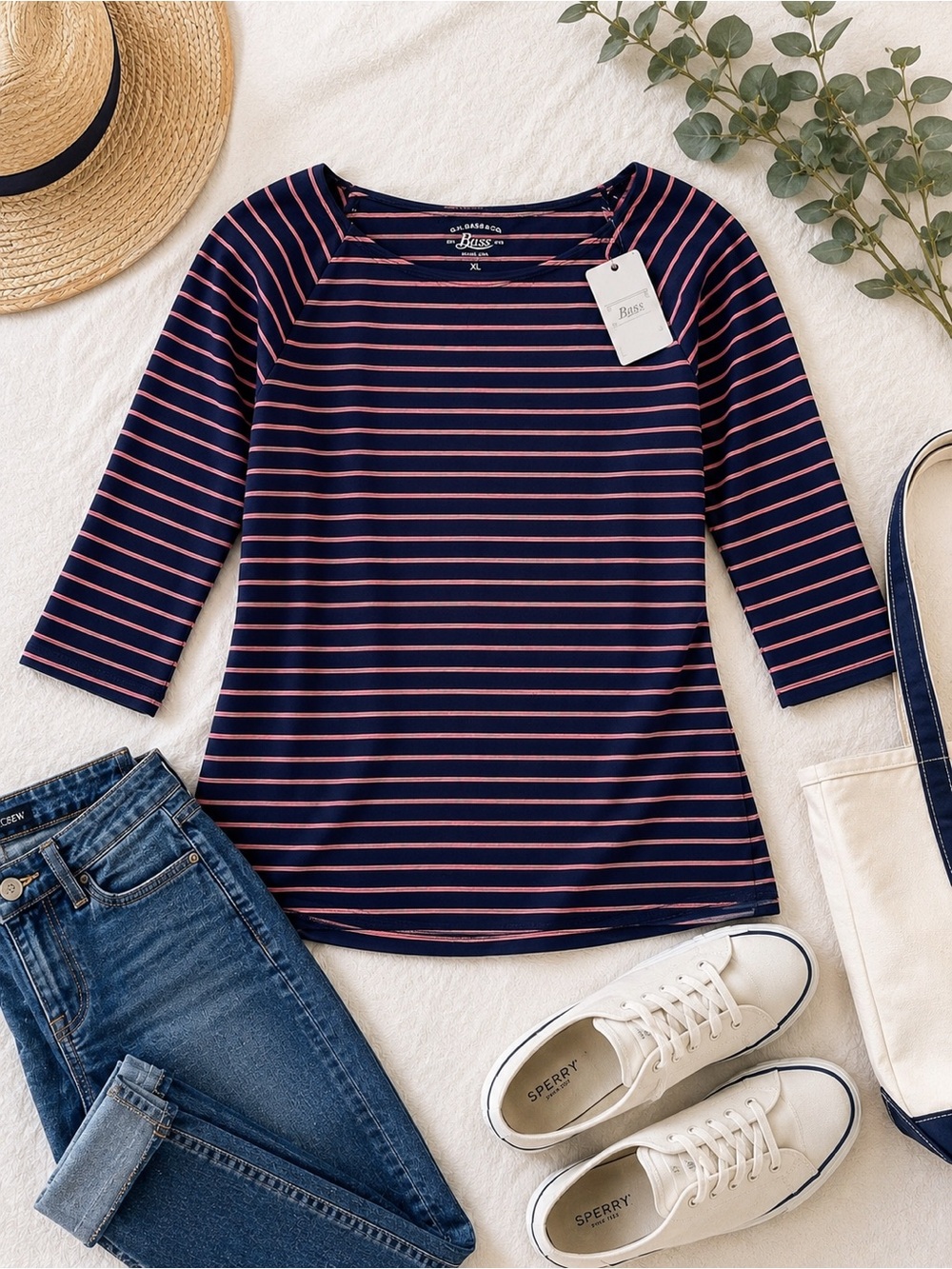 G.H. Bass Navy Coral Stripe Boatneck Top XL NWT